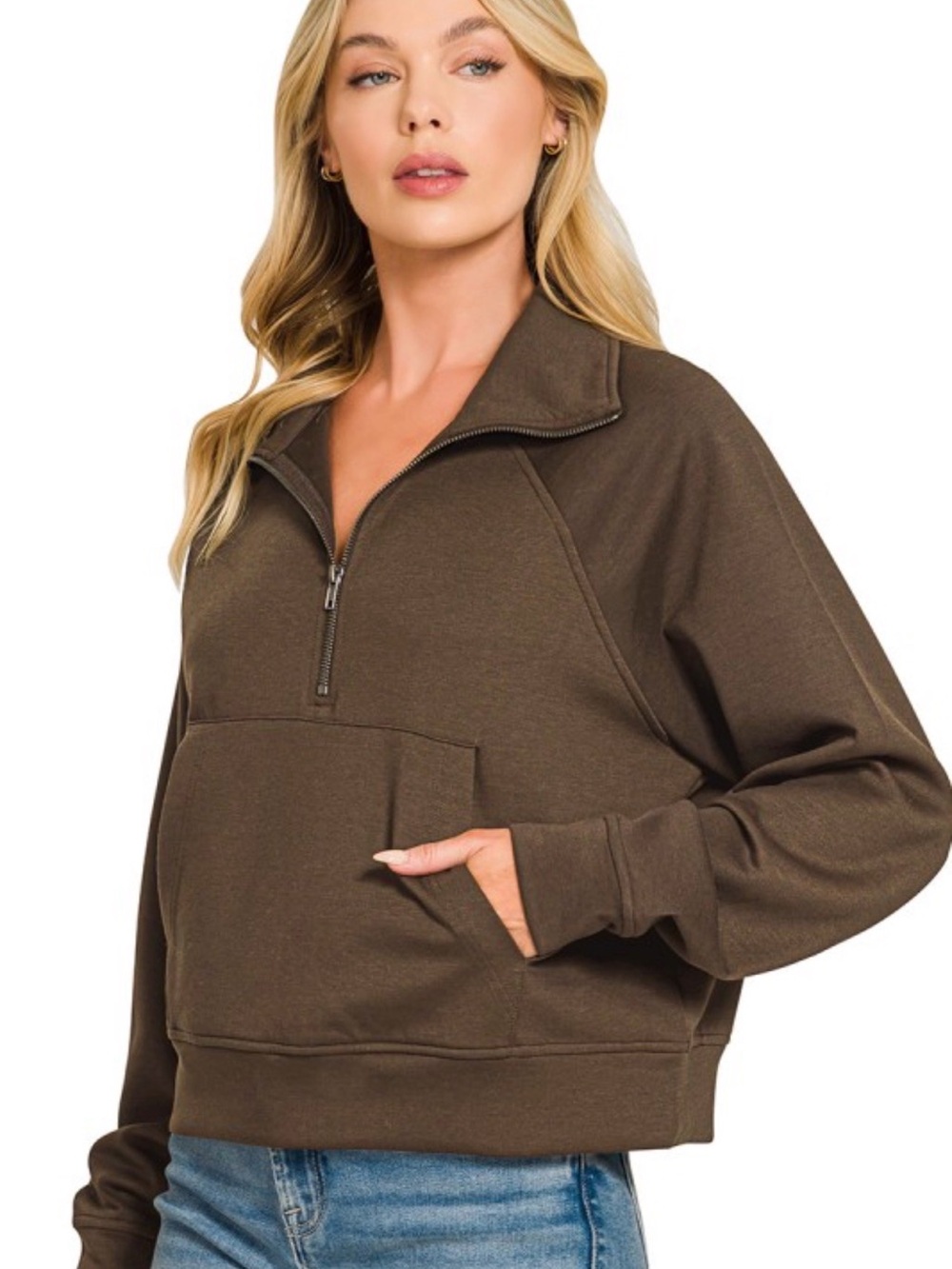 Zenana Half-Zip Relaxed Pullover Hoodie in Espresso